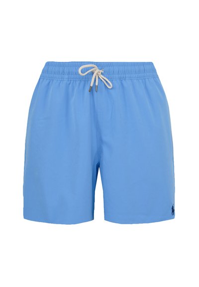 Pantaloni da bagno blu con elastico in vita, cordino regolabile e discreto dettaglio del logo sulla gamba sinistra. Tessuto dalla consistenza liscia.