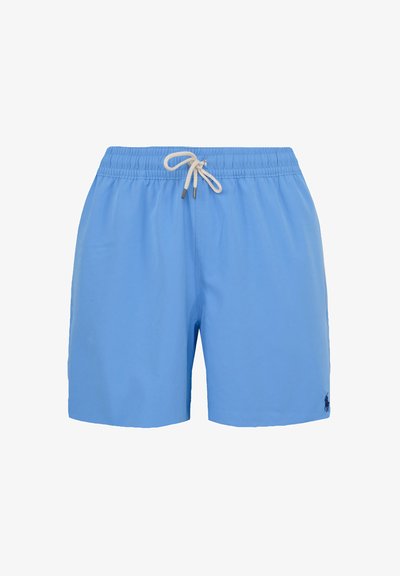 Pantaloni da bagno blu con elastico in vita, cordino regolabile e discreto dettaglio del logo sulla gamba sinistra. Tessuto dalla consistenza liscia.