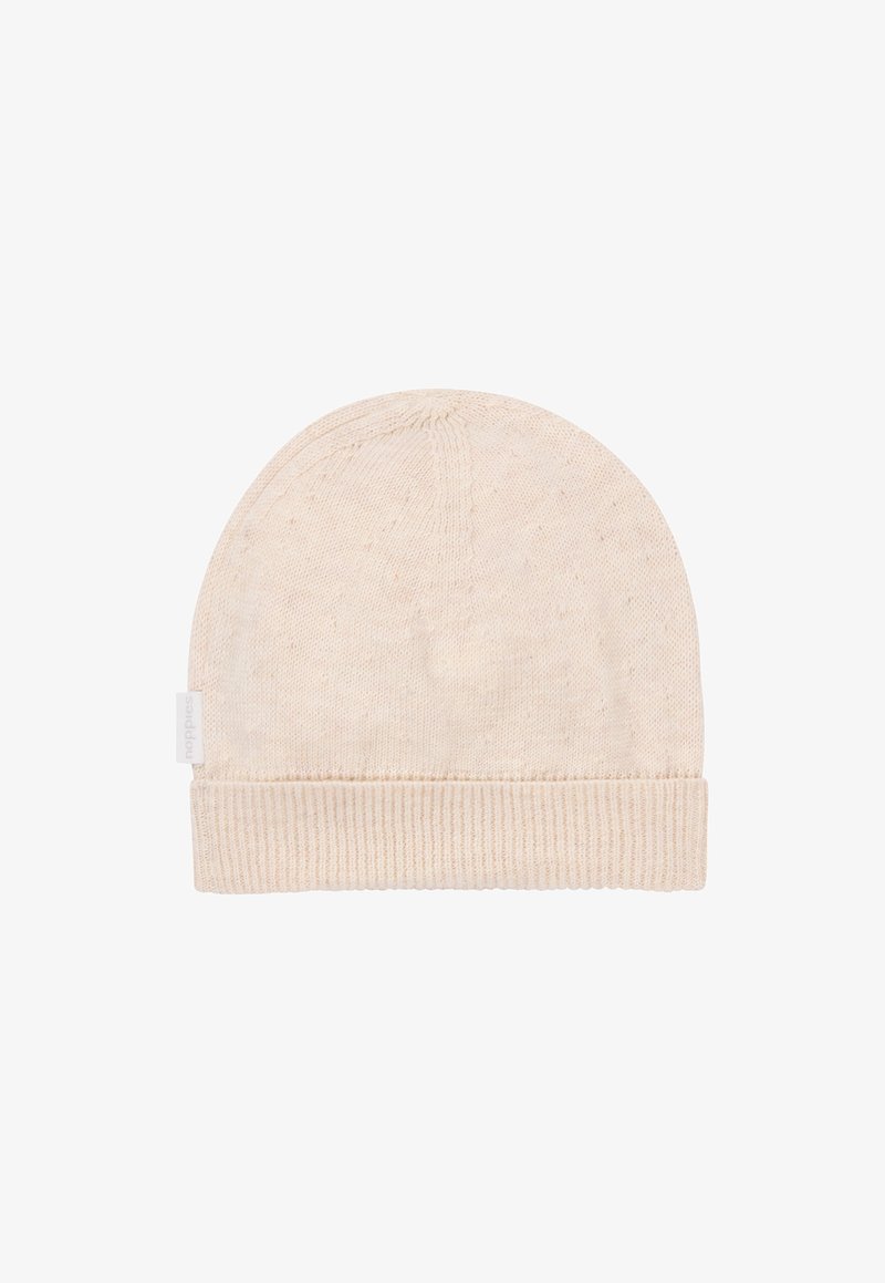 Light beige knit beanie with a folded ribbed cuff, featuring a subtle texture and small fabric label on the side.