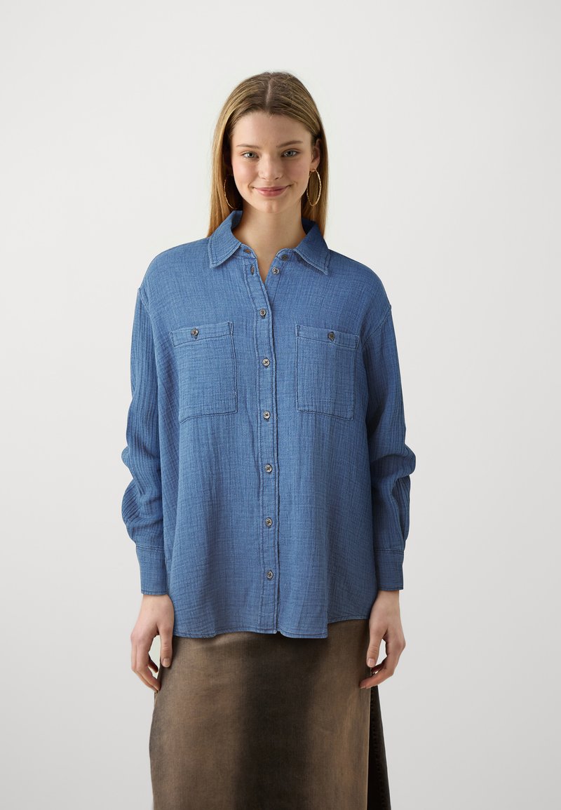 Short Sleeve Gauze Button Down Top In Deep Blue main image 0