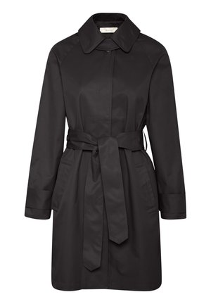 Musta trench-coat, jossa on vyöllä varustettu vyötärö, pitkät hihat ja kaulus. Valmistettu sileästä, vettä hylkivästä materiaalista, ja siinä on sivutaskut.