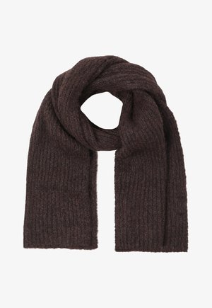 Écharpe en laine tricotée de couleur brun foncé, pliée en boucle avec une texture côtelée, présentée sur fond blanc.