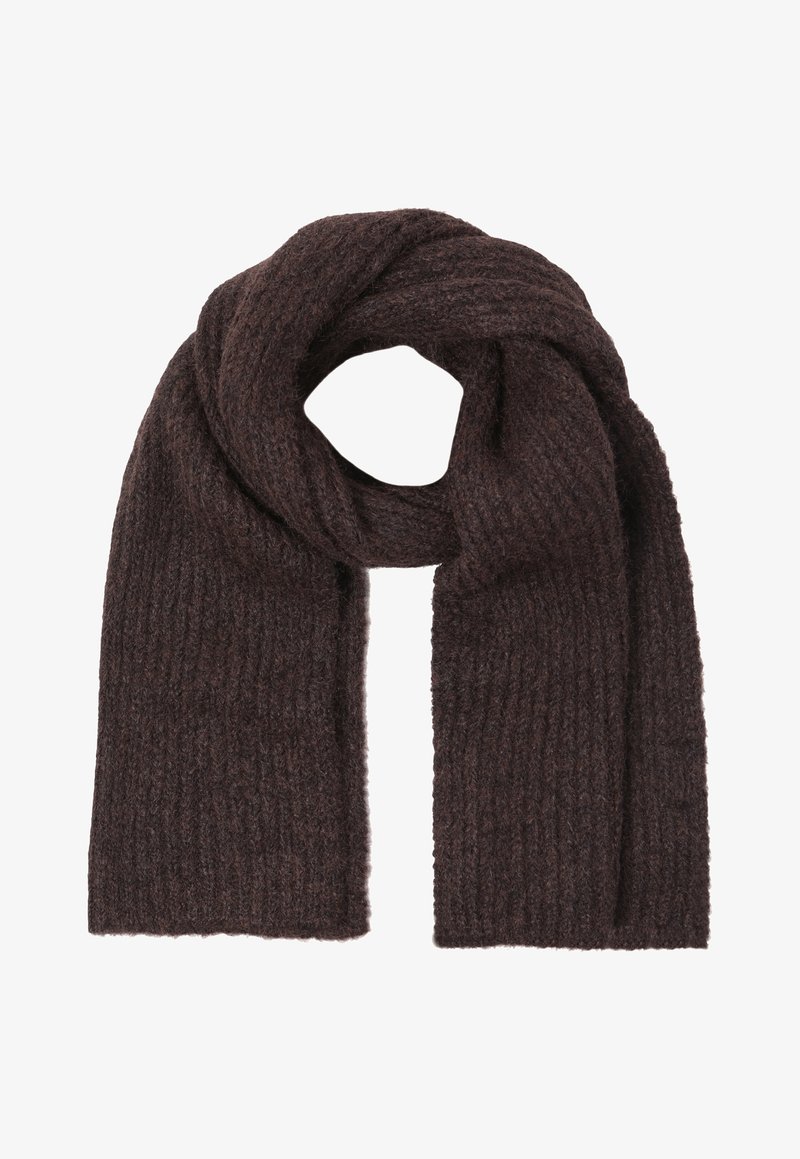 Écharpe en laine tricotée de couleur brun foncé, pliée en boucle avec une texture côtelée, présentée sur fond blanc.