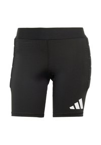 Schwarze Sportshorts aus glattem Stoff mit einem breiten Bund, gepolsterten Seiten und einem weißen Logo mit drei Streifen auf der unteren linken Seite.