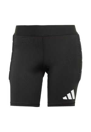 Czarne sportowe spodenki wykonane z rozciągliwego materiału, z szerokim paskiem w talii, wyściełanymi bokami oraz białym logo Adidas na lewej udzie.