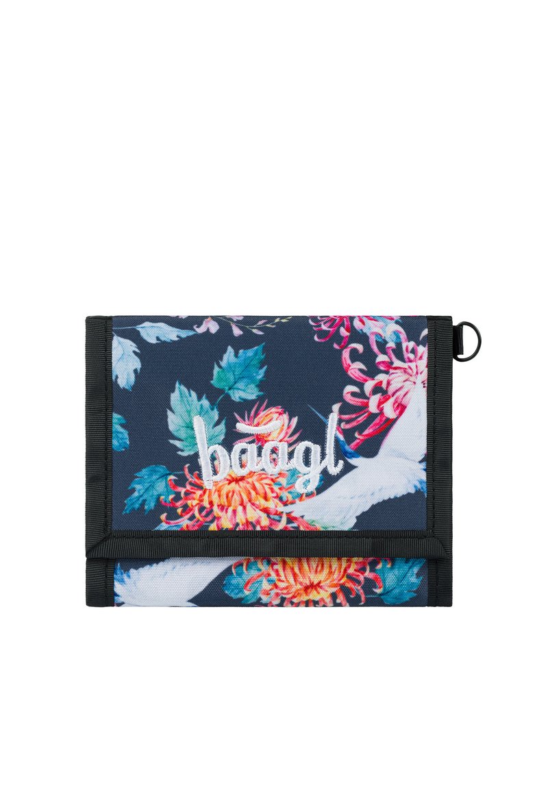 Květinová peněženka s námořnickým pozadím, s jasnými květinami, bílým vyšitým logem "baagl" a černým lemem, kompaktní obdélníkový design.