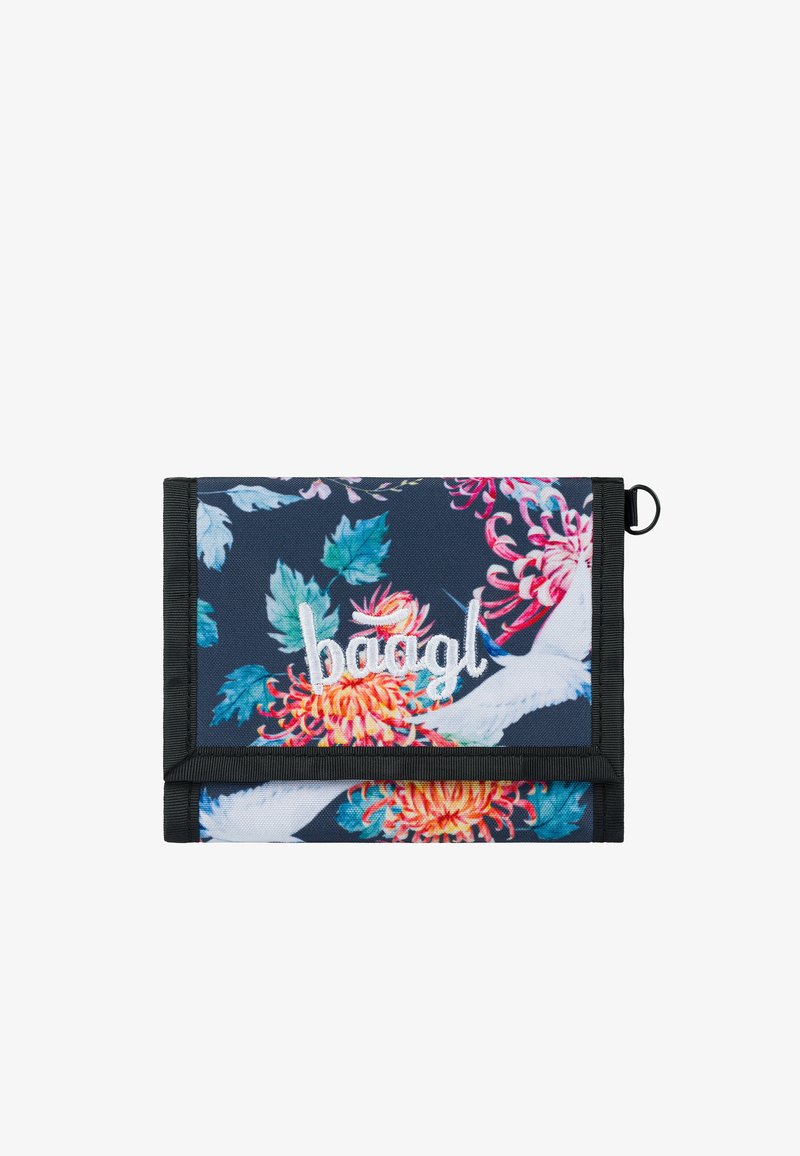 Květinová peněženka s námořnickým pozadím, s jasnými květinami, bílým vyšitým logem "baagl" a černým lemem, kompaktní obdélníkový design.