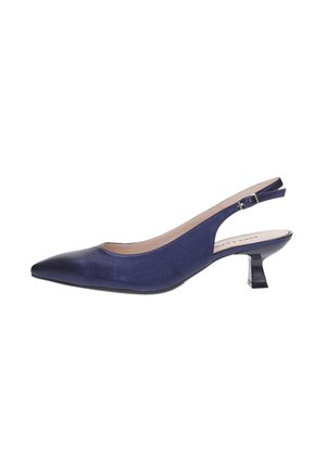 Décolleté slingback blu navy con punta a punta, tacco basso a gattino e cinturino regolabile con fibbia.