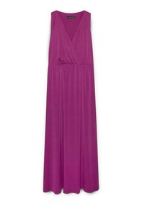 Długa, bezrękawnikowa sukienka z intensywnego fioletowego materiału. Posiada dekolt w serek oraz marszczoną talię, rozszerzającą się ku pełnemu dołowi. Gładka tekstura.