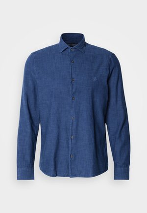 Blue long-sleeve shirt made of textured fabric, featuring a traditional collar, button front, and subtle logo embroidery on the chest.