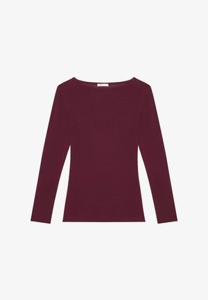 Burgunderfarbener Langarmoberteil mit Rundhalsausschnitt, aus einem weichen, enganliegenden Stoff gefertigt. Glatte Textur, minimales Design und keine sichtbaren Muster oder Akzente.