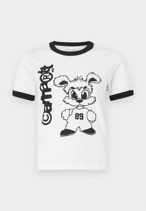 Άσπρο βαμβακερό t-shirt με μαύρο περιμετρικό γιακά και μανίκια, με γραφικό από έναν καρτούν λαγό και τον αριθμό 89 τυπωμένο πάνω του.