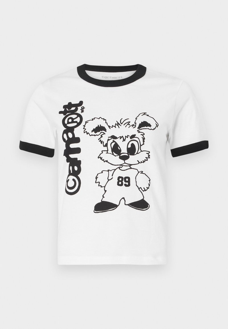 Maglietta bianca in cotone con colletto e maniche a contrasto nere, con una grafica di un coniglio cartone animato e il numero 89 stampato.