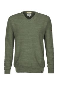 Pull tricoté vert avec col en V, manches longues, motif texturé, et une petite étiquette logo sur la manche. Tissu léger.