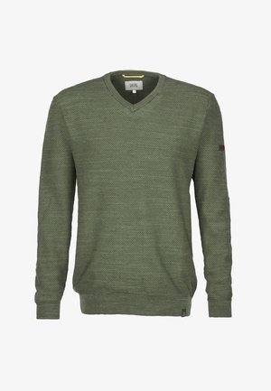 Pull tricoté vert avec col en V, manches longues, motif texturé, et une petite étiquette logo sur la manche. Tissu léger.