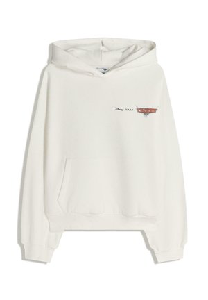 Felpa bianca con cappuccio in morbido cotone. Presenta una tasca a marsupio frontale e un logo grafico del film "Cars" della Pixar sul petto.
