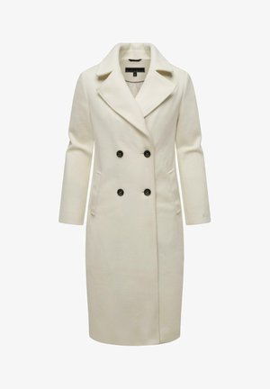 Kremkrāsas dubultā aizdare mētelis, izgatavots no mīkstas auduma, ar izgrieztu apkakli, divām priekšējām kabatām un melnām pogām.