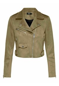 Olivgrön kort skinnjacka i mocka med en asymmetrisk silverdragkedja, fickor med dragkedja och knapp, samt axelkläppar.