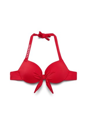 Top bikini imbottito rosso con laccio al collo e nodo frontale, con la scritta "TERRANOVA" su una spallina.