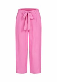 Rosa, weit geschnittene Hosen mit glatter Textur, die einen gebundenen Bund und Falten an der Vorderseite haben. Es sind keine Taschen im Design sichtbar.