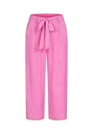 Rosa, weit geschnittene Hosen mit glatter Textur, die einen gebundenen Bund und Falten an der Vorderseite haben. Es sind keine Taschen im Design sichtbar.