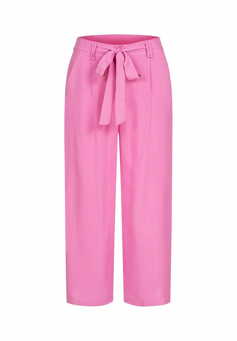 Rosa, weit geschnittene Hosen mit glatter Textur, die einen gebundenen Bund und Falten an der Vorderseite haben. Es sind keine Taschen im Design sichtbar.