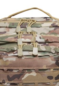 Camouflage-patterned backpack made of durable fabric, featuring tan hardware, textured surface, and adjustable knotted cords for secure closure.