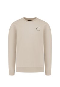 Beige sweatshirt met een ronde hals, ribgebreide manchetten en zoom, voorzien van een kleine cirkelvormige grafiek op de linkerkant van de borst. Zachte textuur.