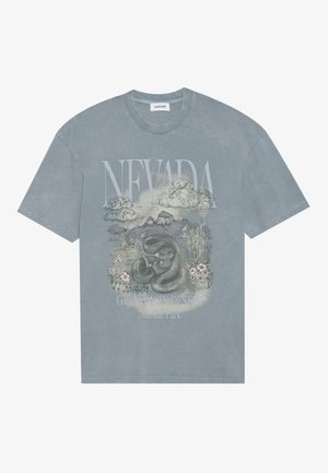 Grå bomulds t-shirt med et illustreret design af en ørken-scene med bjerge, en slange og blomster, mærket "Nevada" og "Great Basin Desert."