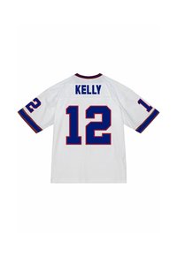 Weißes Trikot mit blauen Akzenten, versehen mit dem Namen "KELLY" und der Nummer "12" in fetter blauer Schrift auf dem Rücken und den Ärmeln.
