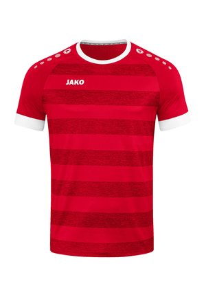 Maglietta sportiva rossa a maniche corte con strisce orizzontali e colletto bianco. Caratteristiche includono accenti sulle spalle e il logo "JAKO."