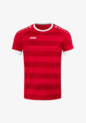 Maillot de sport rouge à manches courtes avec des rayures horizontales et un col blanc. Il présente des accents d'épaule et le logo "JAKO".