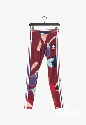 Multicolored leggings featuring a burgundy base with abstract shapes in blue, pink, and purple. White side stripes and an Adidas logo.