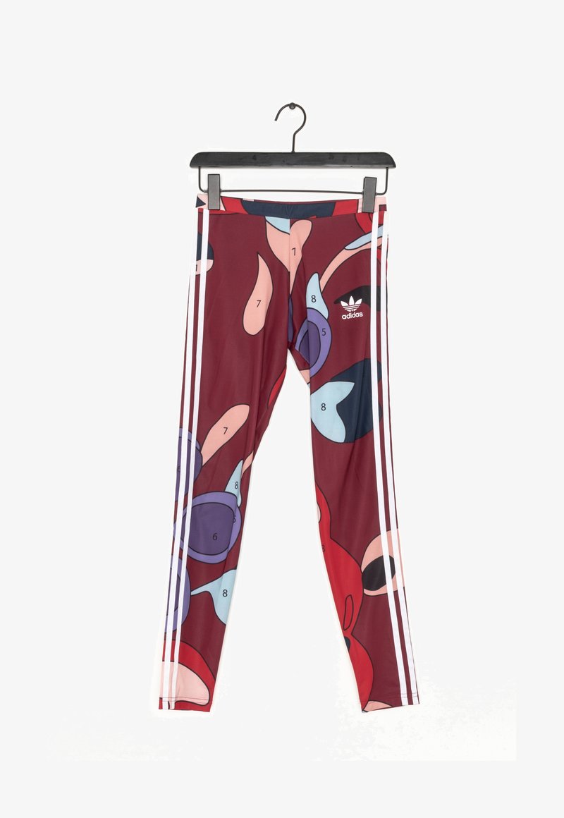 Flerfärgade leggings med en vinröd bas och abstrakta former i blått, rosa och lila. Vita sidremsor och en Adidas-logotyp.