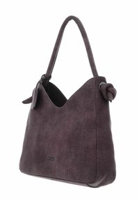 Sac à main en cuir violet avec une surface texturée, un haut en forme de V, un accent noué sur la sangle et un détail de logo subtil.
