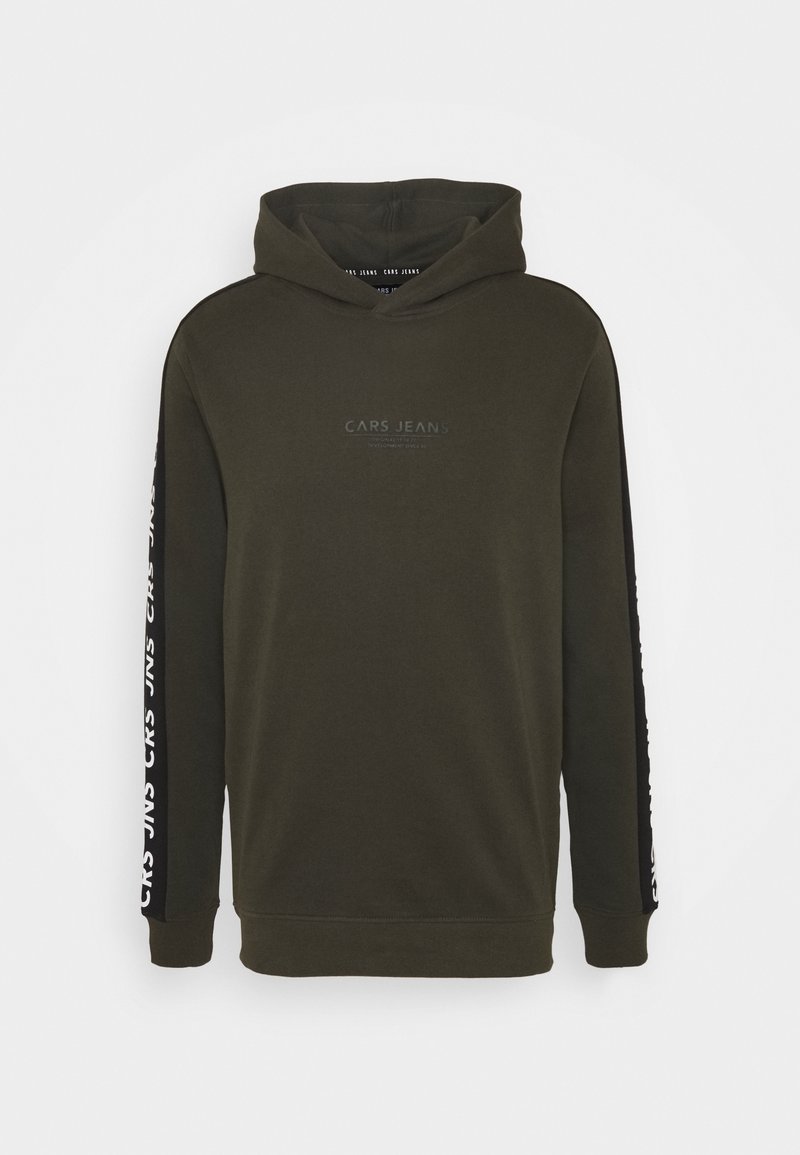 Olive green hoodie with a front kangaroo pocket, black sleeve accents, and white "CARS JEANS" text along the sleeves. Soft fabric texture.