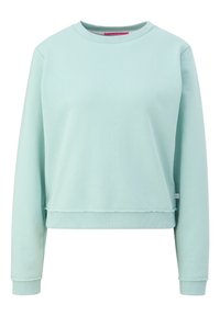 Sudadera corta de color azul claro con mangas largas, puños y dobladillo acanalados, y detalle de borde sin acabar por encima del dobladillo.