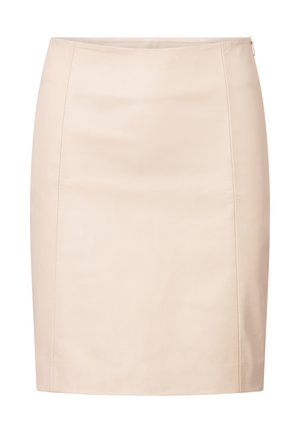 Beige Leder-Bleistiftrock mit glatter Textur, gerader Form und einem verdeckten Reißverschluss auf der Rückseite. Keine Muster oder Verzierungen.