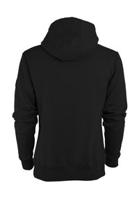 Sudadera negra con capucha forrada, puños y dobladillo acanalados. Presenta una textura de tela suave, sin patrones, diseño sencillo y corte estándar.