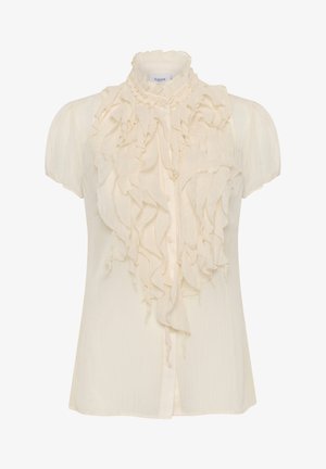 Blouse crème avec des manches bouffantes courtes, dotée d'un col froncé haut et de détails froncés à l'avant, fabriquée en tissu léger et texturé.
