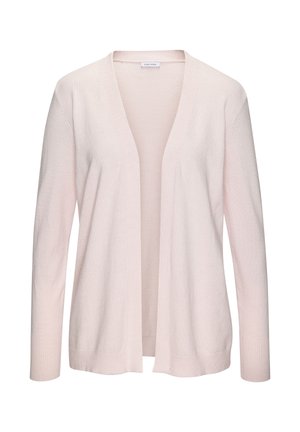 Hellrosa Strickjacke mit V-Ausschnitt, langen Ärmeln und offenem Vorderteil. Hergestellt aus einem weichen, strukturierten Strickstoff. Gerippte Bündchen und Saum.