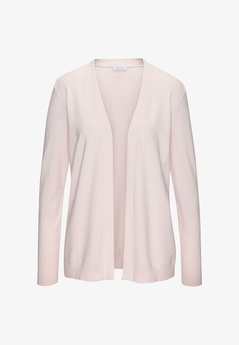 Svetlo roza kardigan z V-izrezom, dolgimi rokavi in odprtim sprednjim delom. Narejen iz mehke, teksturirane pletene tkanine. Rebrasti manšeti in rob.