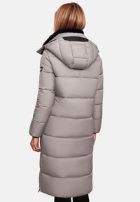 Gray puffer coat featuring a removable fur-lined hood, long sleeves, and a quilted design with horizontal sections for insulation.