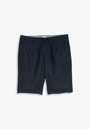 Shorts décontractés bleu marine avec fermeture par bouton et zip, poches avant et passants de ceinture, posés à plat sur fond blanc.