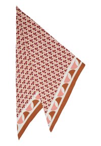 Écharpe triangulaire en tissu doux, présentant un motif géométrique rouge et rose répété avec une large bordure marron et des designs abstraits.