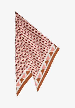 Driekhoekige sjaal van zacht materiaal, met een herhaald geometrisch patroon in rood en roze, omrand door een brede bruine rand met abstracte ontwerpen.