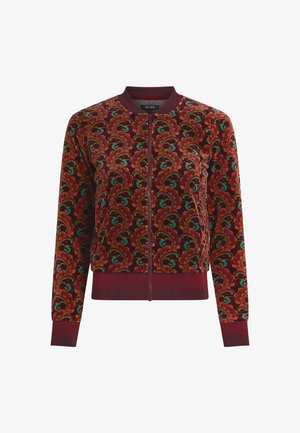 Velvet bomber jacket in burgundy with multicolored wave pattern, ribbed cuffs and hem, and a front zipper closure. Textured fabric detail.