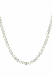 Pearl necklace featuring evenly spaced, round, white pearls with a smooth texture and a subtle sheen, strung in a continuous design.