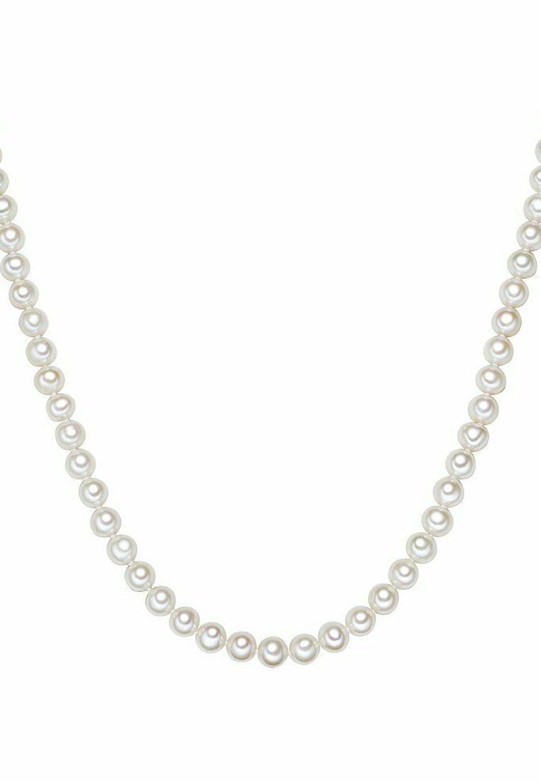 Pearl necklace featuring evenly spaced, round, white pearls with a smooth texture and a subtle sheen, strung in a continuous design.