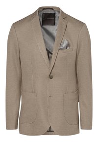 Brązowa marynarka w jodełkę z dwoma przednimi kieszeniami, jednorzędowym zapięciem na guzik oraz wzorzystą podszewką satynową z akcentem w postaci poszetki.